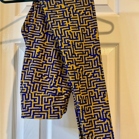 LuLaRoe Women’s Leggings/Pants in Blue & Yellow-Orange Maze Pattern (never worn) - Picture 1 of 3